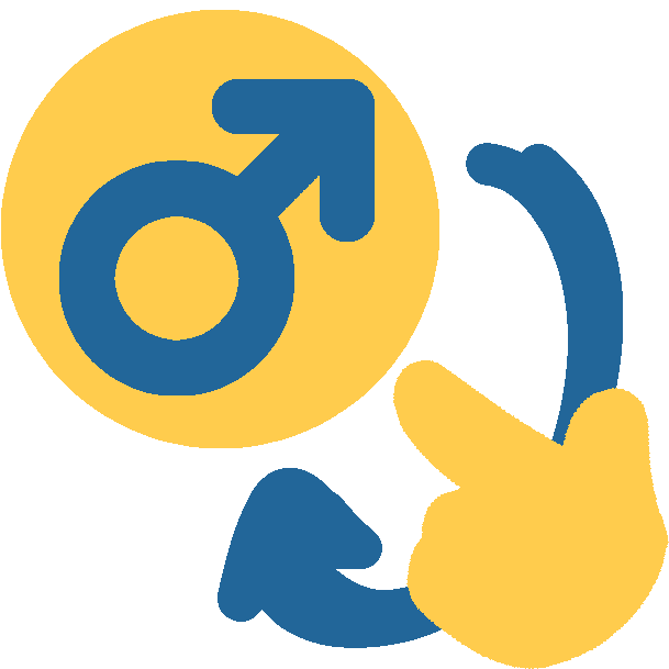 a simple icon of an emoji-yellow circular face with a blue male/mars symbol pointing to himself. behind the hand there is a blue arrow pointing at the face